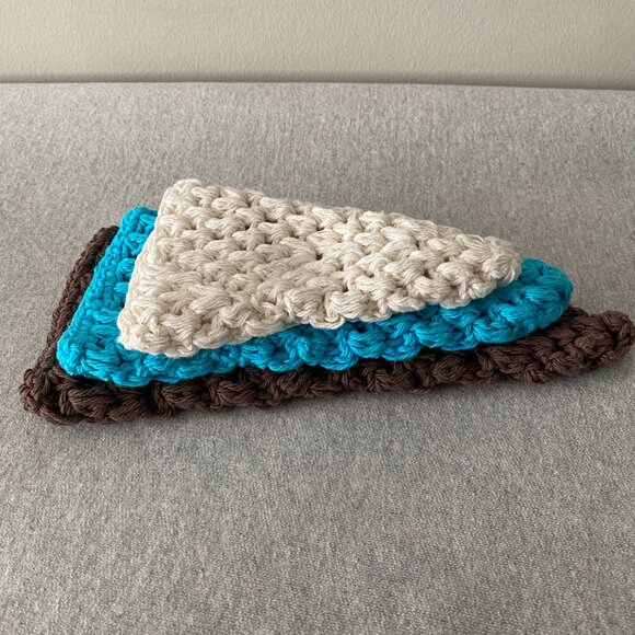 Handmade Crochet White Blue Brown Holiday Christmas Tree Covers Decor Set of 3 - Picture 6 of 8